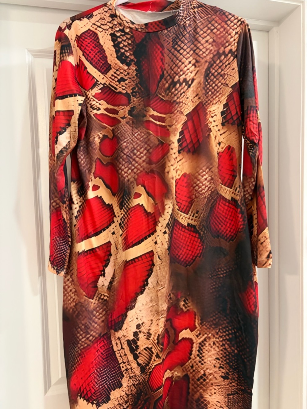 Red and Brown Snake Print Long Sleeve Dress